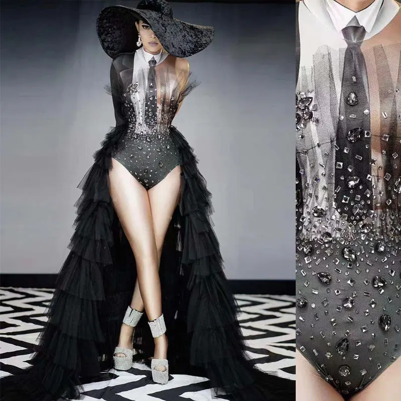 

Black crystal Long Tailing dress bodysuit Fashion Women Singer Models Catwalk Costume Dance Outfit Bar Nightclub Stage Wear