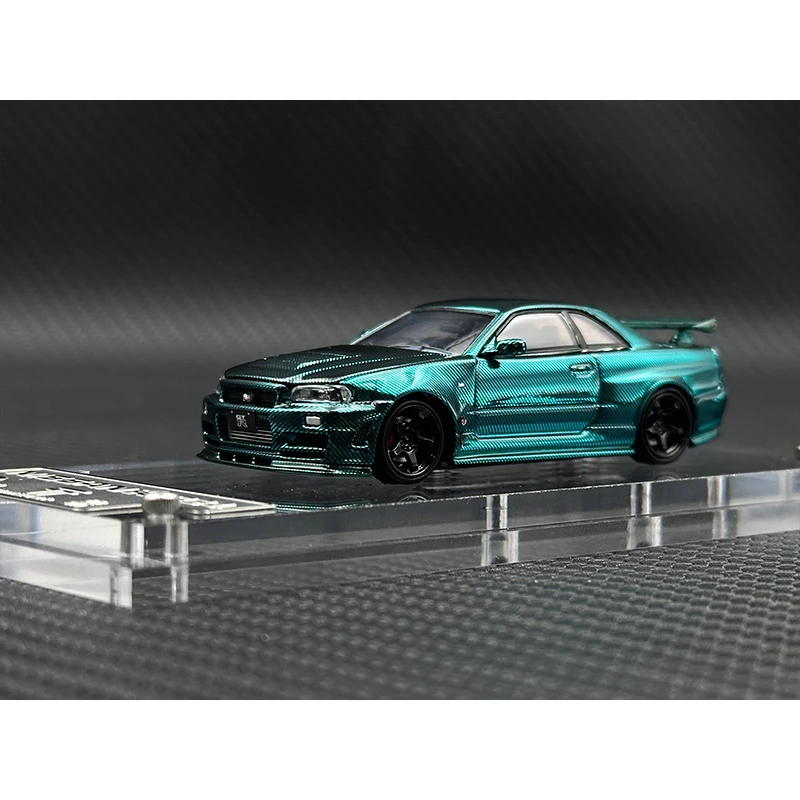 TM In Stock 1:64 Skyline GTR R34 Z TUNE Chrome Green Carbon Hood Diecast Diorama Car Model Time TOP Micro 3