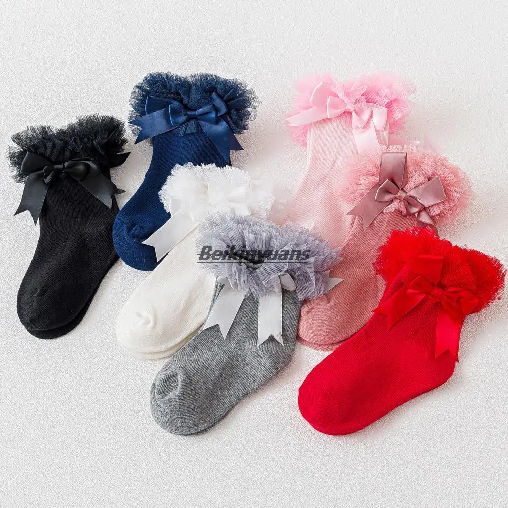 Носки для малышей, флисовые Носки, марлевые носки с двойным бантом для маленьких девочек, платье принцессы, кружевные чулки, носки для школьных выступлений