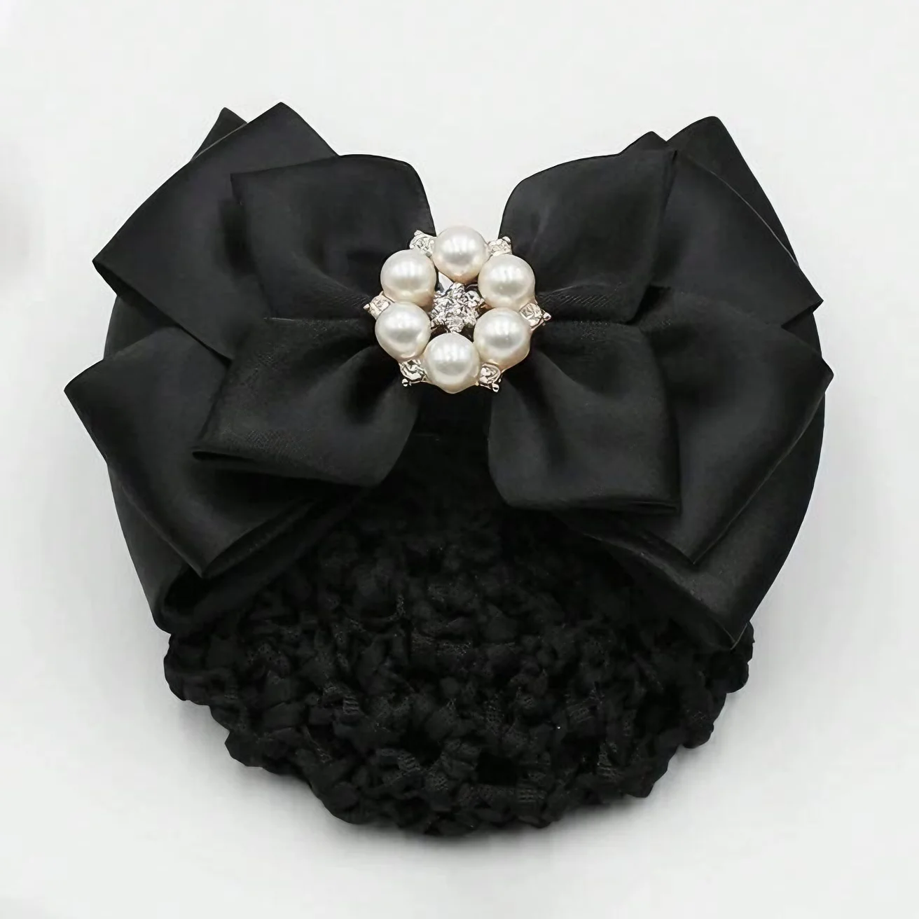 1pc Fashion Pearl Bow Spring Hair Clip Hair Net Nurse Stewardess Professional Headwear Hotel Bank Women Headdress Barrettes