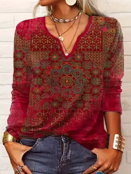 Elegant Red Bohemian Top V Neck Tribal Mandala Print 3/4 Sleeve Casual Daily Wear Shirt   Women Clothes 1