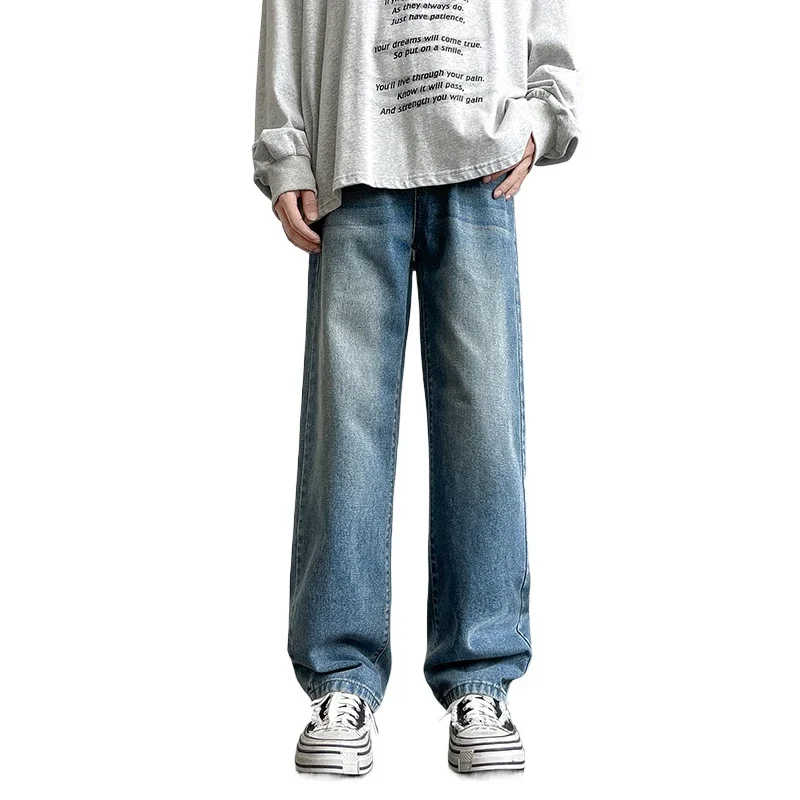 Korean Style Men&rsquo;s Casual Long Jeans Classic Straight Denim Wide-Leg Pants Solid Colors Light Blue Grey Black