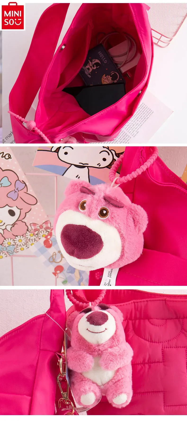 MINISO Disney Cartoon Strawberry Bear Doll Pendant Large Capacity Underarm Bucket Bag Student Cute High Quality Handbag