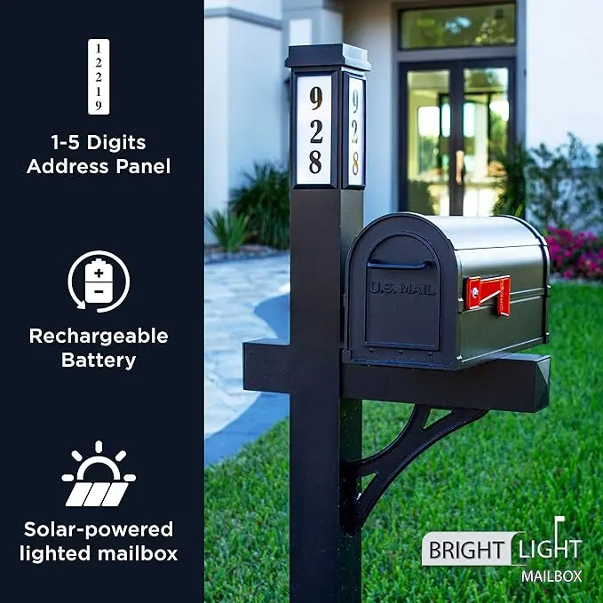 Aluminum Mailboxes for Outside with Post and Solar Mailbox Light for Easy Navigation, Black Mailbox Post Combo Kit, Mail Boxes