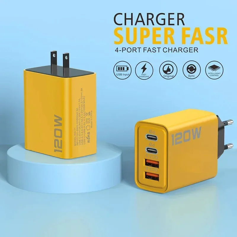 Fast Charger Xiaomi 120W Ultra Fast 4Port USB C PD Quick Charging USB 3.0 Type C EU US Plug For Xiaomi iPhone 15 Pro Max