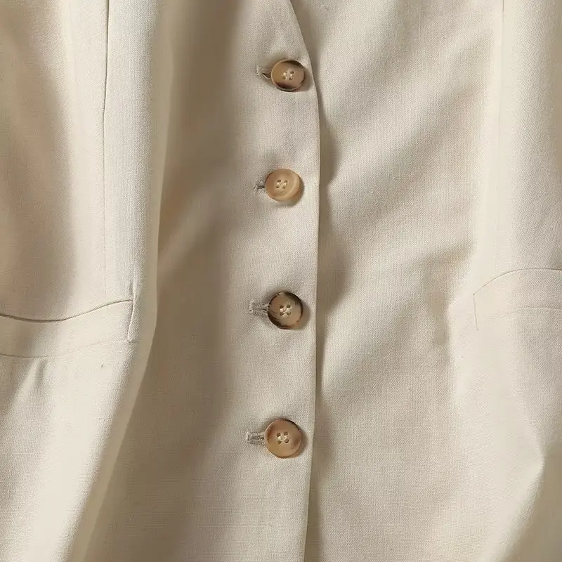 Maxdutti French Simple Ladies Single Blazers Women Breasted Vest Fashion Beige Color Sleeveless  Tops