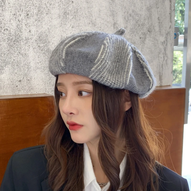 

Women's Fashion Style Solid Casual Knitted Ribbed Beret Caps For Women Autumn Hat Literary Cap New Street Outdoor Casual Berets