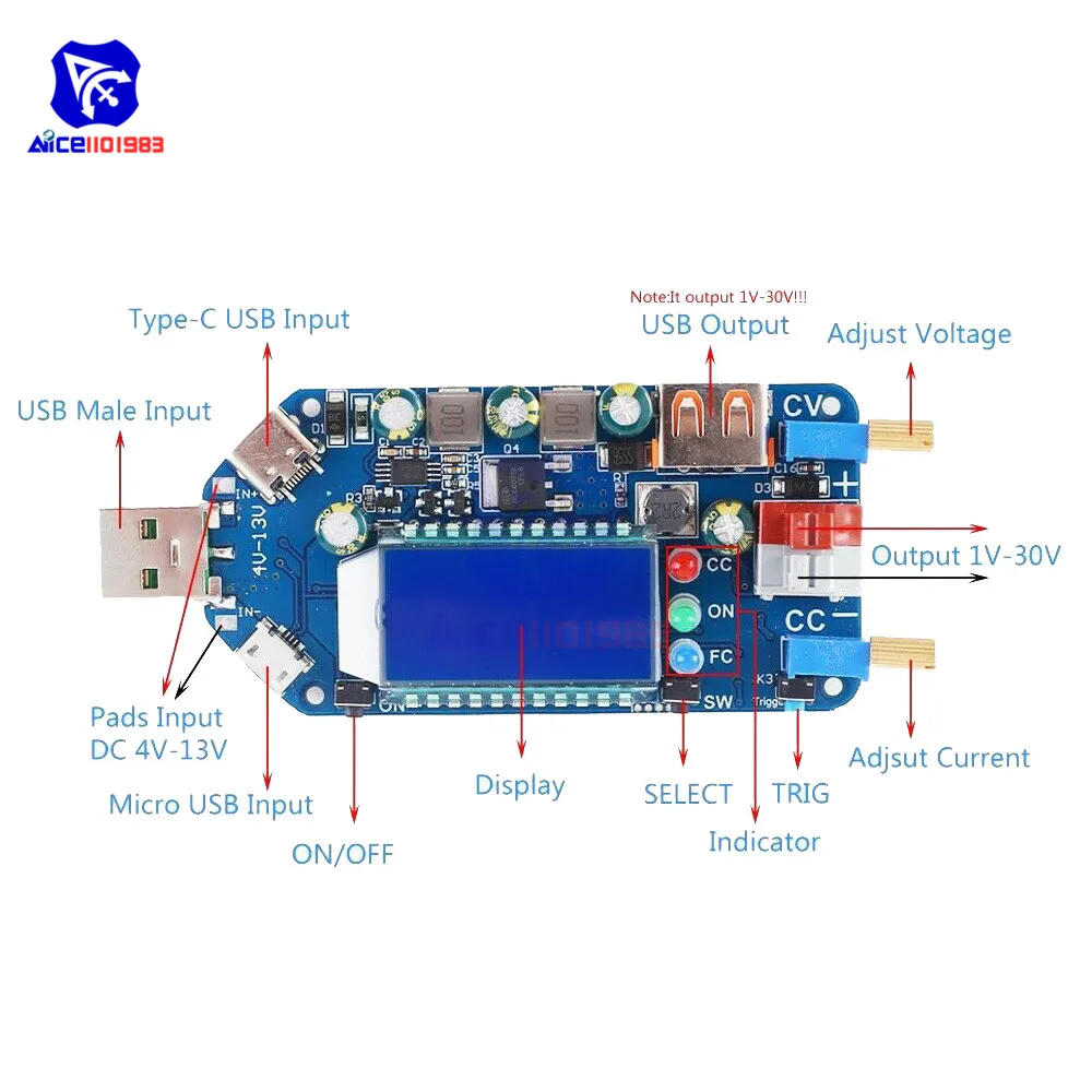 Modulo di alimentazione da 4-13V a 1-30V 2A 15W