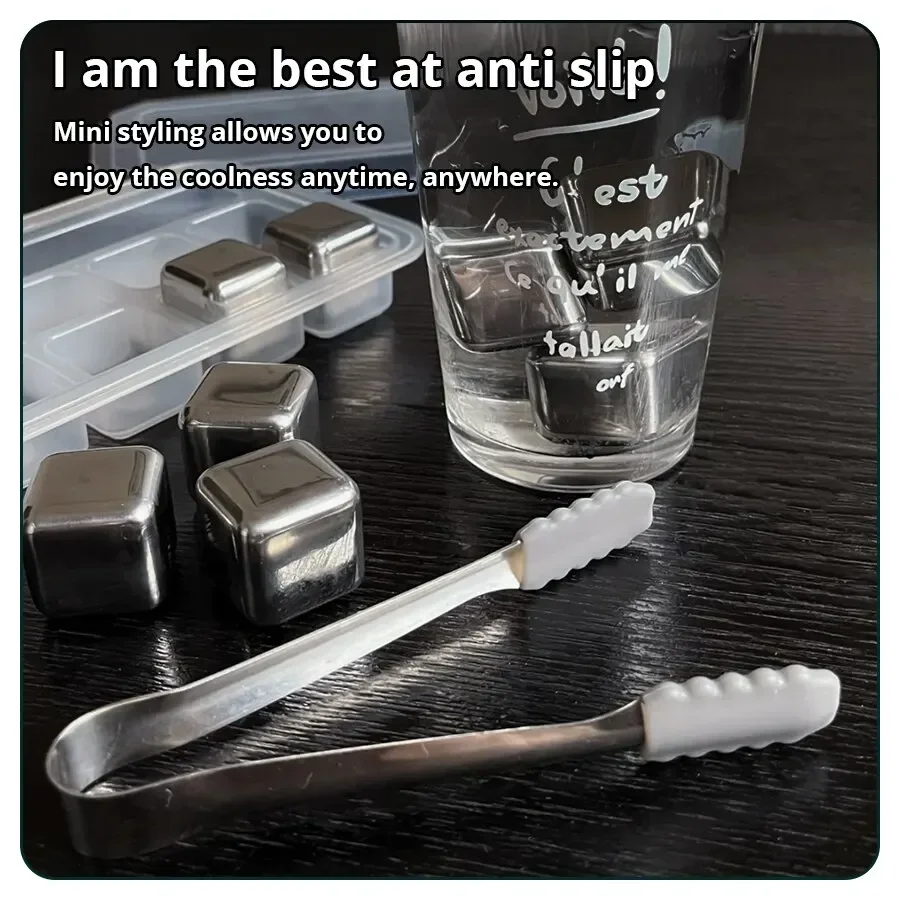 6 Piece Whiskey Ice Cubes Set with Silicone Head Tongs and Ice Cube Trays Stainless Steel Cubes Reusable