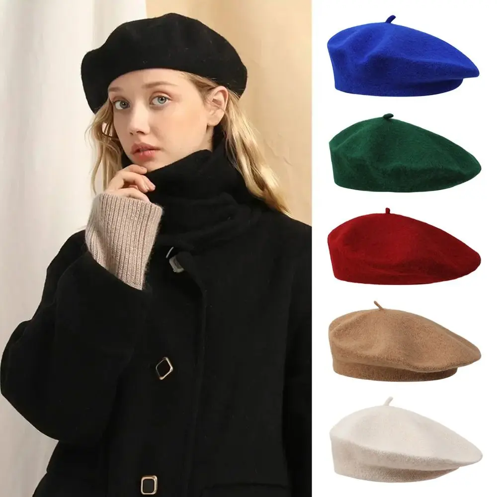 Fashion Warm Winter Wool Berets Hat Retro Elegant Plain Cap Solid Color All Matched Felt Berets Women Girls