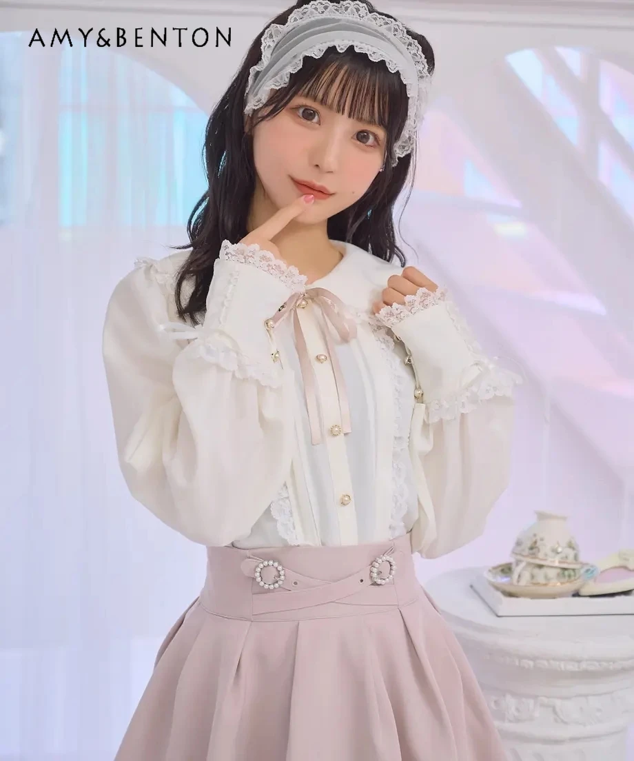 

Japanese Sweet Cute Doll Collar Shirt Ladies Lace Peter Pan Collar Retro Blouses Lolita White Long Sleeve Shirts Blusas