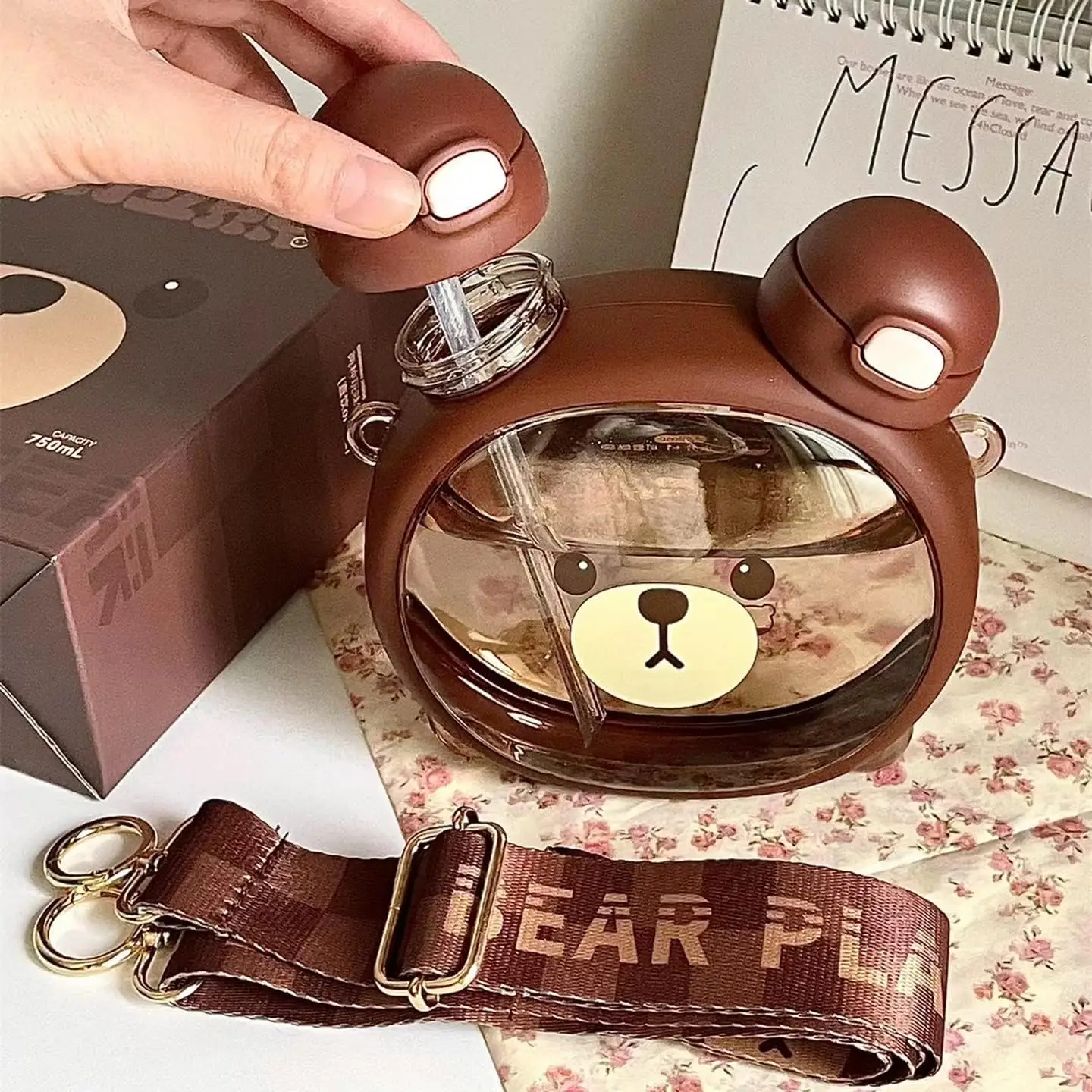 Cute Cartoon Bear Water Cup Straw Type Direct Drinking Bottle With Straw Travel Mug Kawaii Kids Tumbler Sport Drink Kettle 750Ml