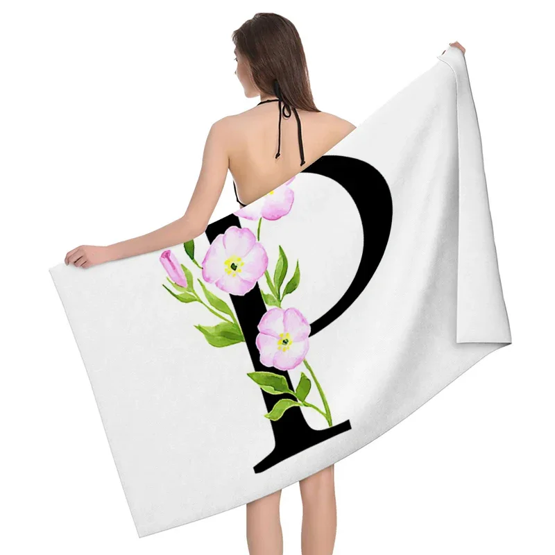 1pc Flower wreath letter pattern Pattern Beach Towel,Ultra-Fine Fiber Beach Blanket,Highly Absorbent Bath Towel,Suitable 3