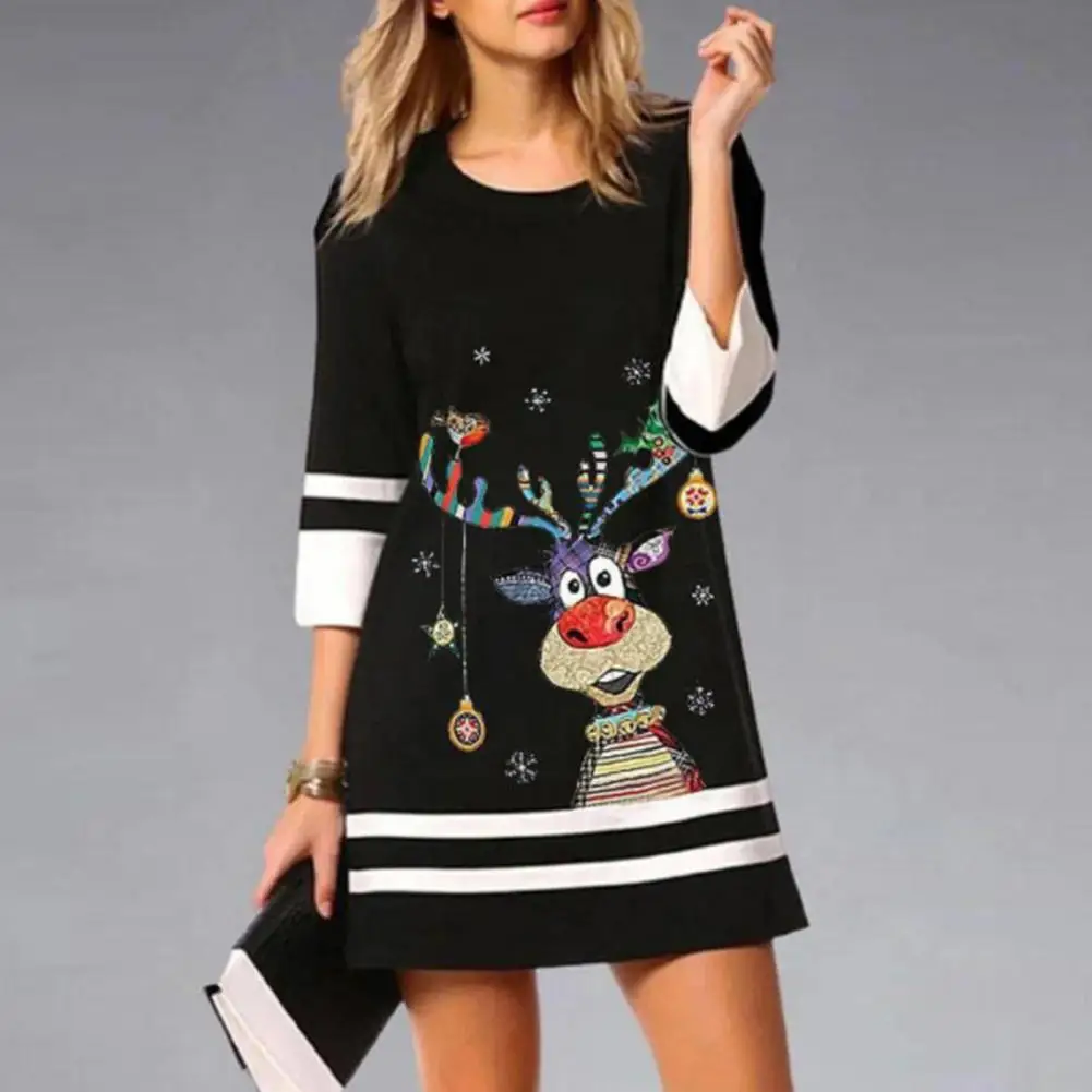 

Casual Mini Dress Red Wine Glass Print Dress Chic Autumn Mini Dress Women's O-neck 3/4 Sleeve Pullover with for Festive