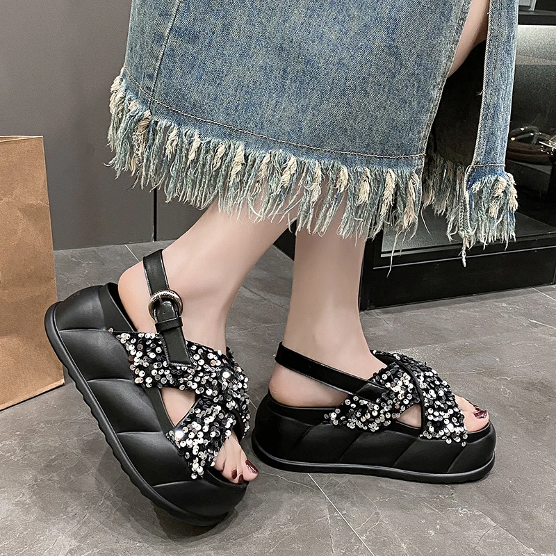 Women High Platform Bling Sandals New Summer 7CM High Heels Wedges Beach Shoes Walking Chunky Slippers Leather Sandalias Mujer