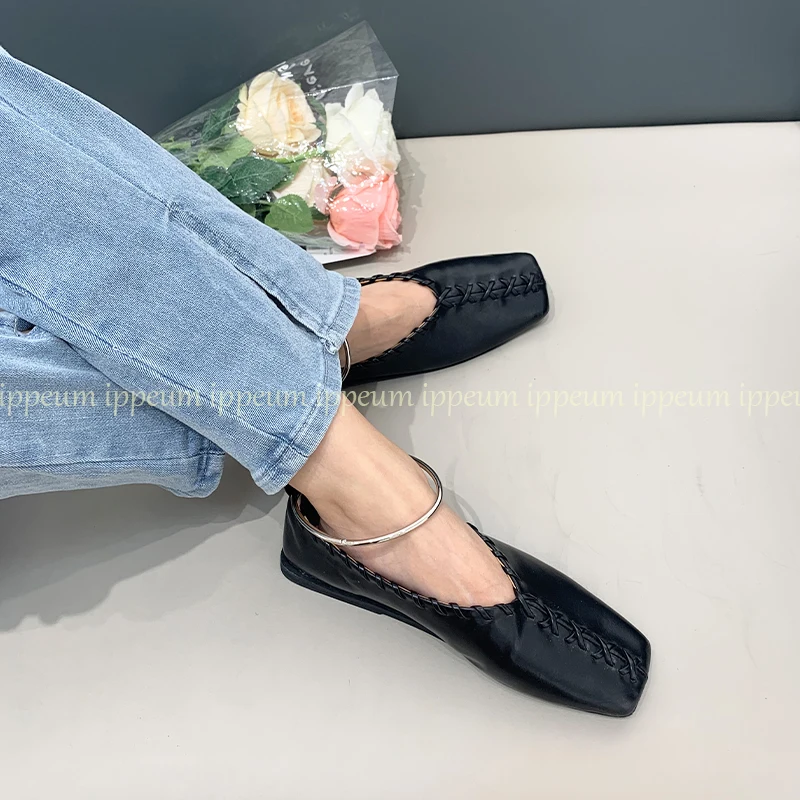 

IPPEUM Black Ballet Flats Women Mary Jane Leather Dress Weave Red Square Toe Ballerina Shoes Ballerinas Zapatos Mujer