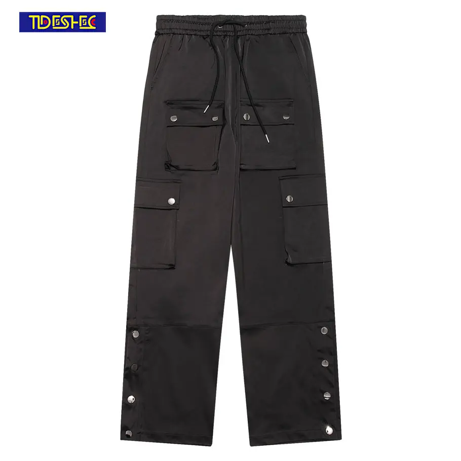 

Fashion Hip Hop Multiple Pockets Solid Color Casual Pant Men Single Breasted Straight-leg Pants Drawstring Elastic Waist Trouser