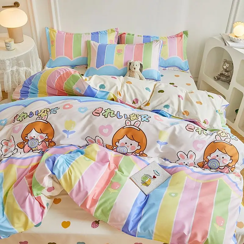 

INS Rainbow Cartoon Rabbit Duvet Cover Bed Sheet Pillowcases Twin Full Double Size Floral Bedding Set Decor Home For Kids Girls
