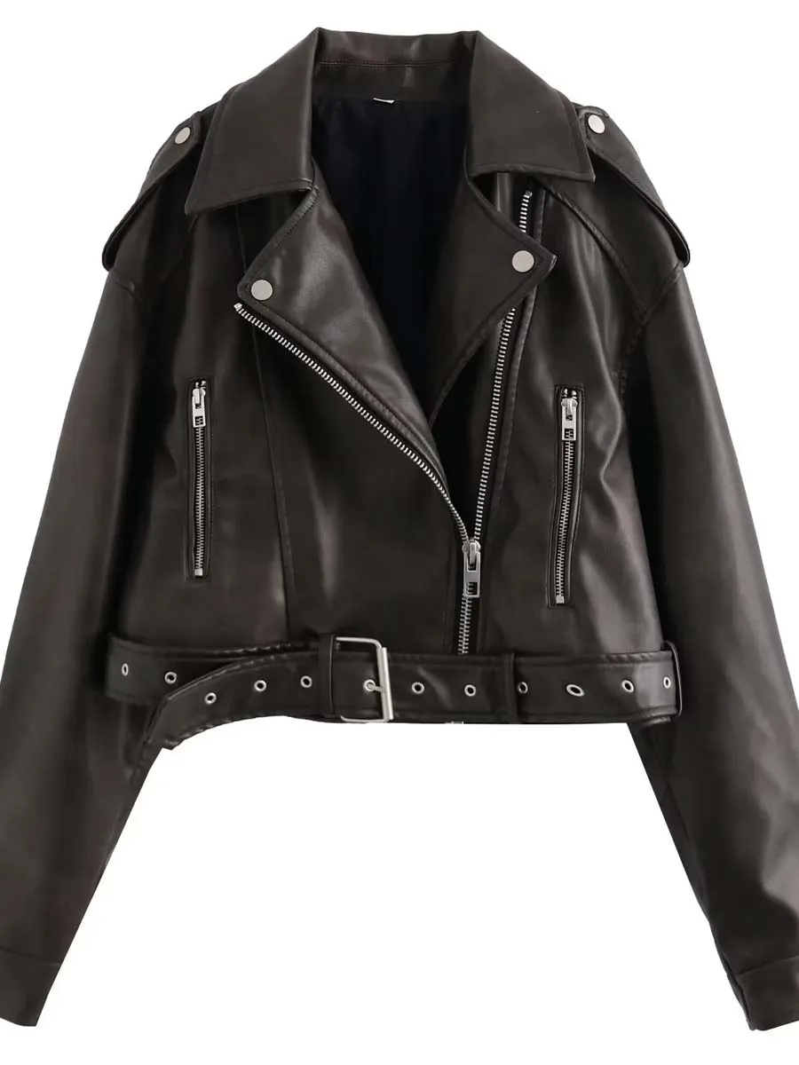

Leather Short Jacket Women Vintage Loose Coat with Belt Female Zipper Retro Moto Biker Coat Outwear Streetwear Jacket Y2k