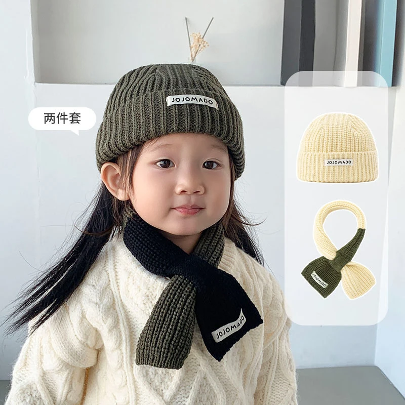

42-46cm Patchwork Children Hat Scarves Two Sets Hundred Hats Matching Winter Outdoor Windproof Warm Cap Baby Knitted Cross Scarf