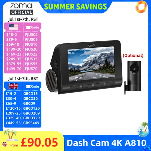70mai 4K Dash Cam A810 Front Rear Set Suppor 4G Module LTE UP04 Remote Control GPS ADAS Car DVR 70mai A810 Car DVR