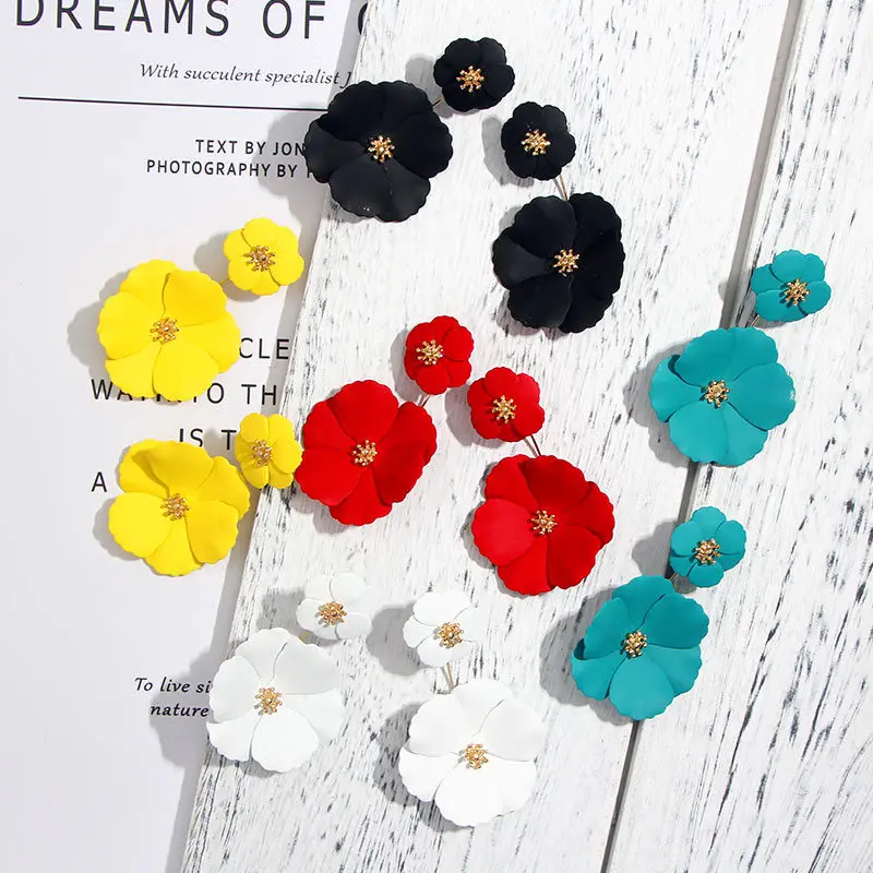 Drop Earrings Flower Earrings Golden Earrings Korean Cute Flower Drop Earrings For Women Fashion Double Layer Gold Metal Floral Statement Earrings Female Jewelry Gifts