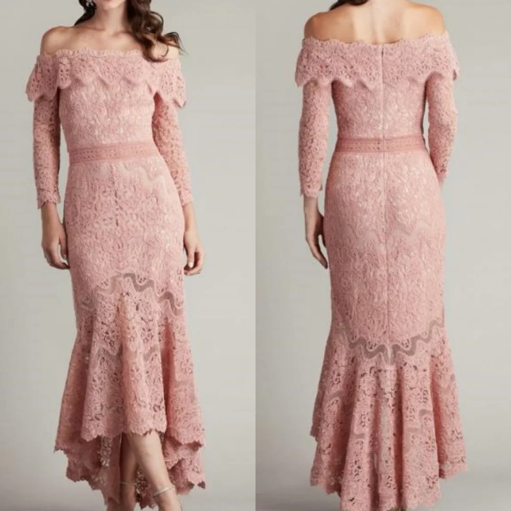 High Quality Sparkle Exquisite Lace Applique Ruched Beach Mermaid Off-the-shoulder Bespoke Occasion Gown Midi Dresses