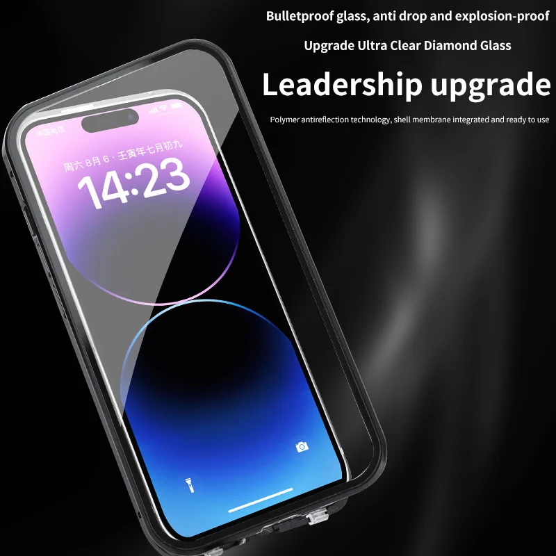 Metal Magnetic Stand Dual Security Lock Phone Case For iPhone 14 13 15 Pro Max For iPhone 15 14 Plus Double Sided Glass Case