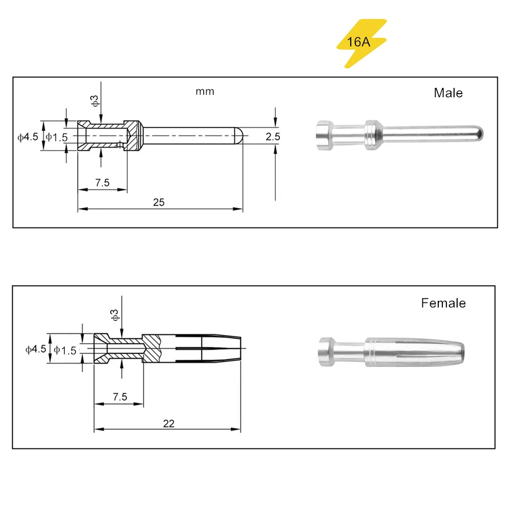 Hochleistungs-Anschlussstecker, Ersatzreparatur, Nadelstift, Strom 10 A, 16 A, versilbertes Kupfer, kaltgestanzt, CDM/CDF, CEM/CEF, industriell – Detail 6