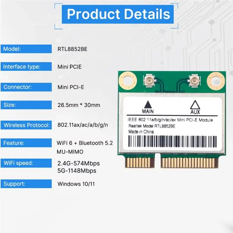 AX1800 Wifi 6 네트워크 카드 RTL8852BE 미니 PCI-E 듀얼 밴드 2.4G/5Ghz 어댑터(Windows 10/11용 BT 5.2 브래킷 포함)