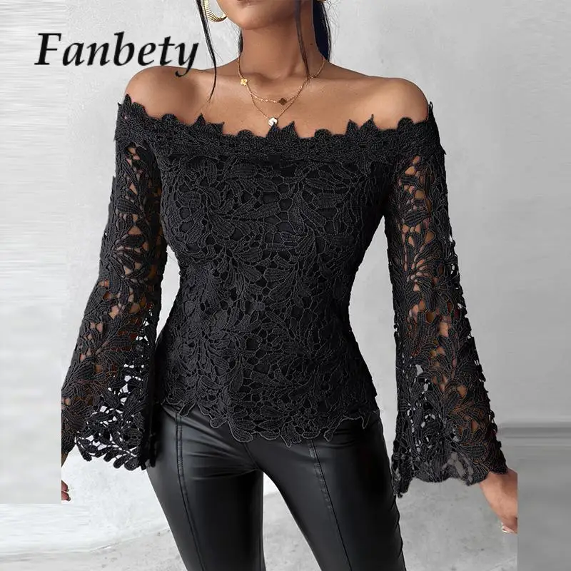 

Женский однотонный офисный Топ с длинным рукавом, приталенная Блузка с открытыми плечами в стиле High Street, модная Прозрачная жаккардовая кружевная блузка, весна