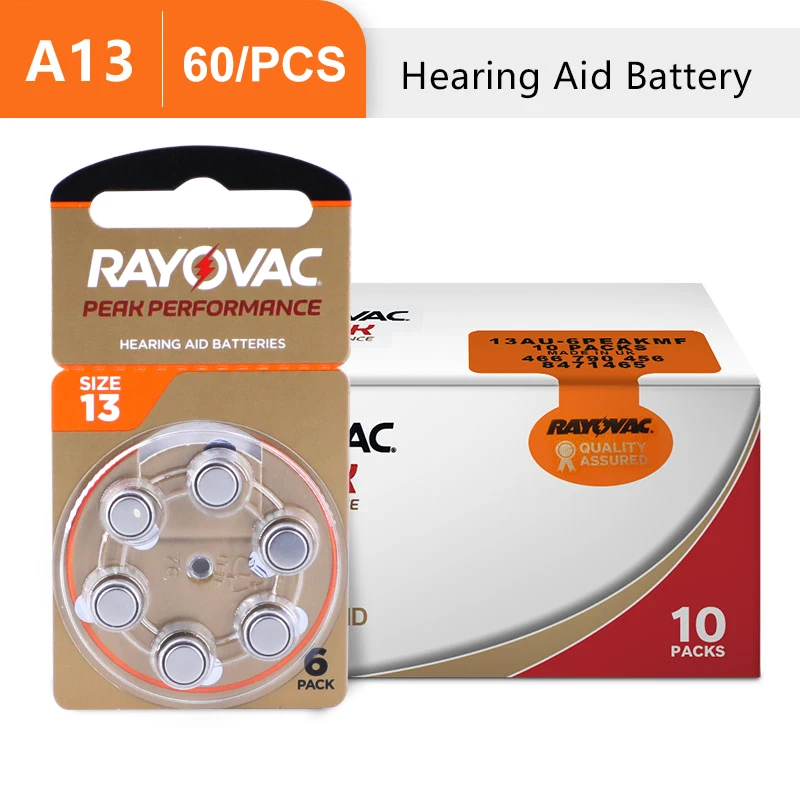 Batterie per apparecchi acustici 60PCS / 10 Cards RAYOVAC PEAK 1.45V 13A A13 13 P13 PR48 batteria zinco-aria per apparecchi acustici BTE CIC RIC OE