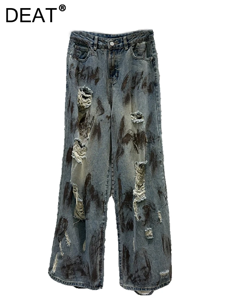 

Женские джинсы в стиле ретро DEAT, широкие брюки из денима с высокой талией, с дырками и широкими штанинами, 33A1342, лето 2024