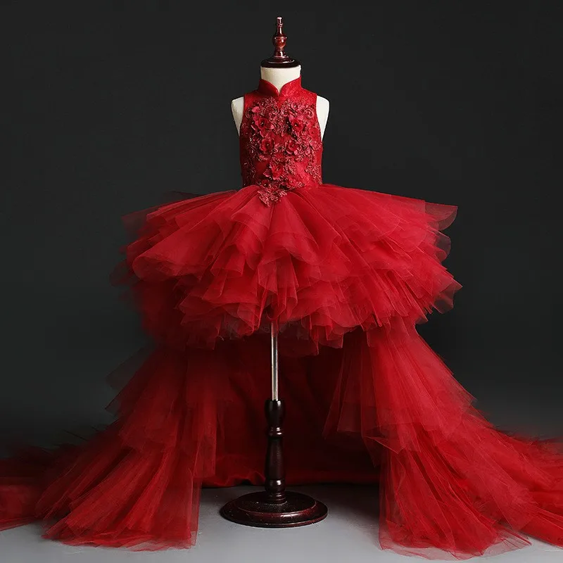 

Flower Girl Girls' Skirts Tulle Model Catwalk Show Trailing Fashion Red Dress