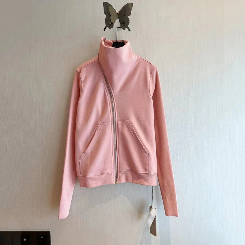 

2022 Autumn/Winter niche design women's irregular diagonal zip pink turtleneck ribbed long sleeve cotton sweatshirt jacket