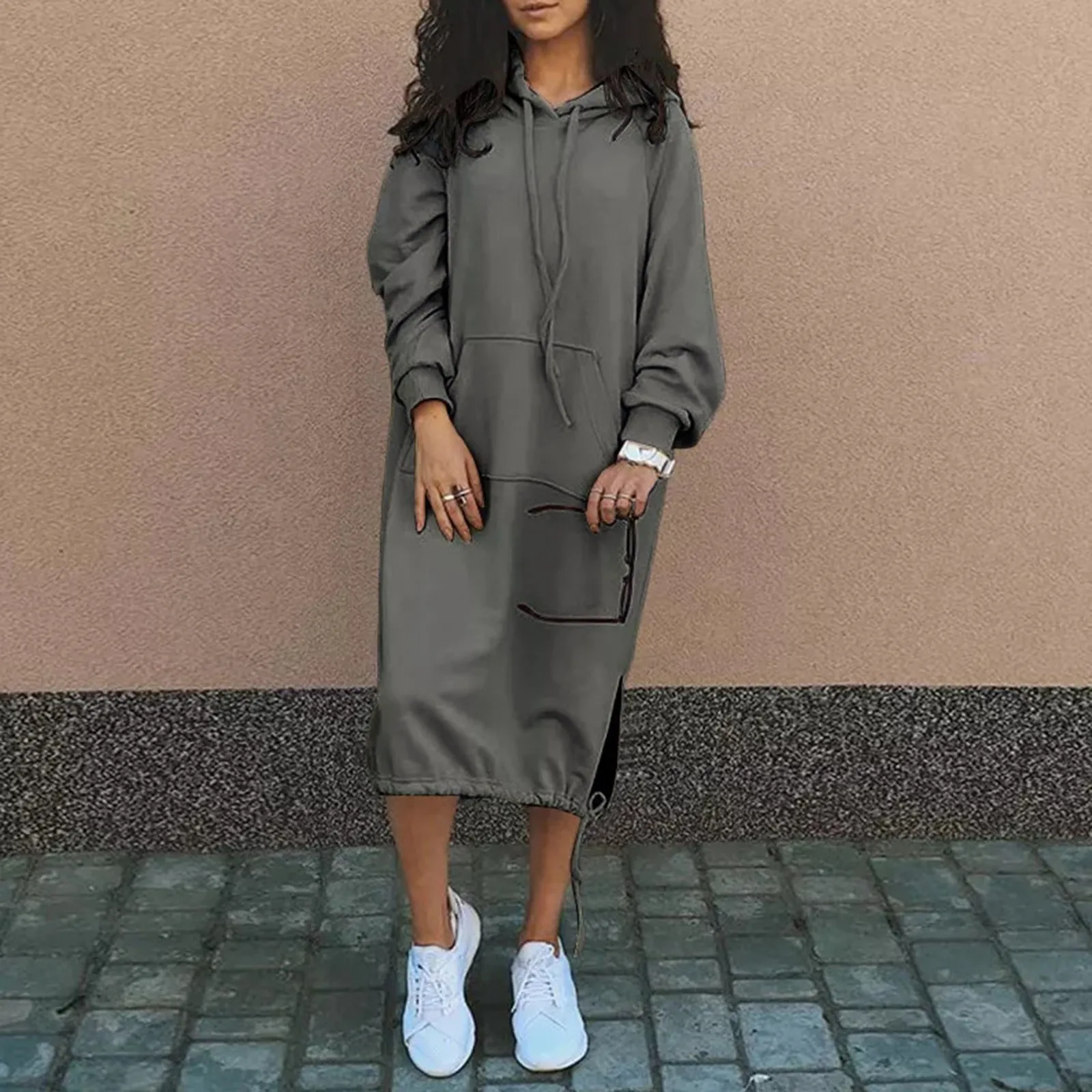 

Womens Solid Color Hooded Dress Long Sleeve solid weater skirt Warm Casual Pocket Dress sweatshirt Vestidos streetwear 2024