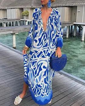 Abiti lunghi larghi stampati per le donne Sexy scollo a v irregolare gonna grande Beachwear Maxi Dress Fashion Casual Beach Vacation Vestidos 1