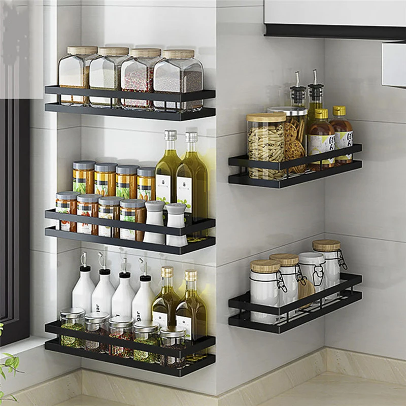 Kitchen Organizer Wall Mounted Spice Jar Bottle Storage Rack Single Layer Seasoning Hanging for Cabinet Bathroom Shelf | Обустройство