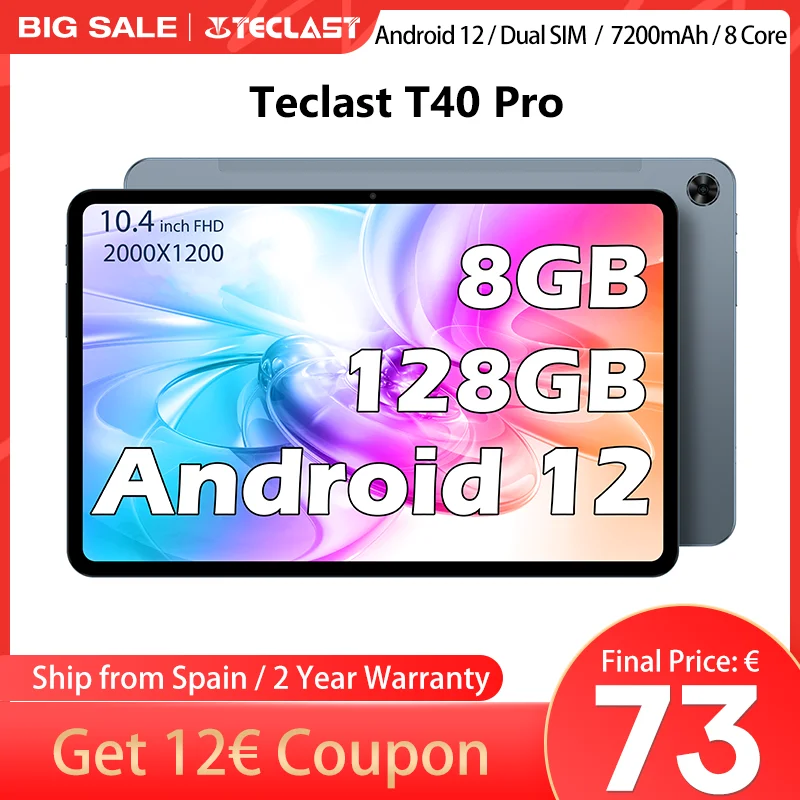 Teclast T40 Pro 10.4 Inch Tablet, 8Gb Ram, 128Gb Rom, Android 11/12, 7000Mah, Fast Charging, 2000X1200, Unisoc T618/T616, 8 Cores, 4g Network, Wifi, 13Mp+8Mp