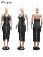 New Sexy Diamonds Halter Black Party Bodycon Midi Dress Women Sleeveless Backless Front Split Birthday Night Prom Club Vestidos - Image 5