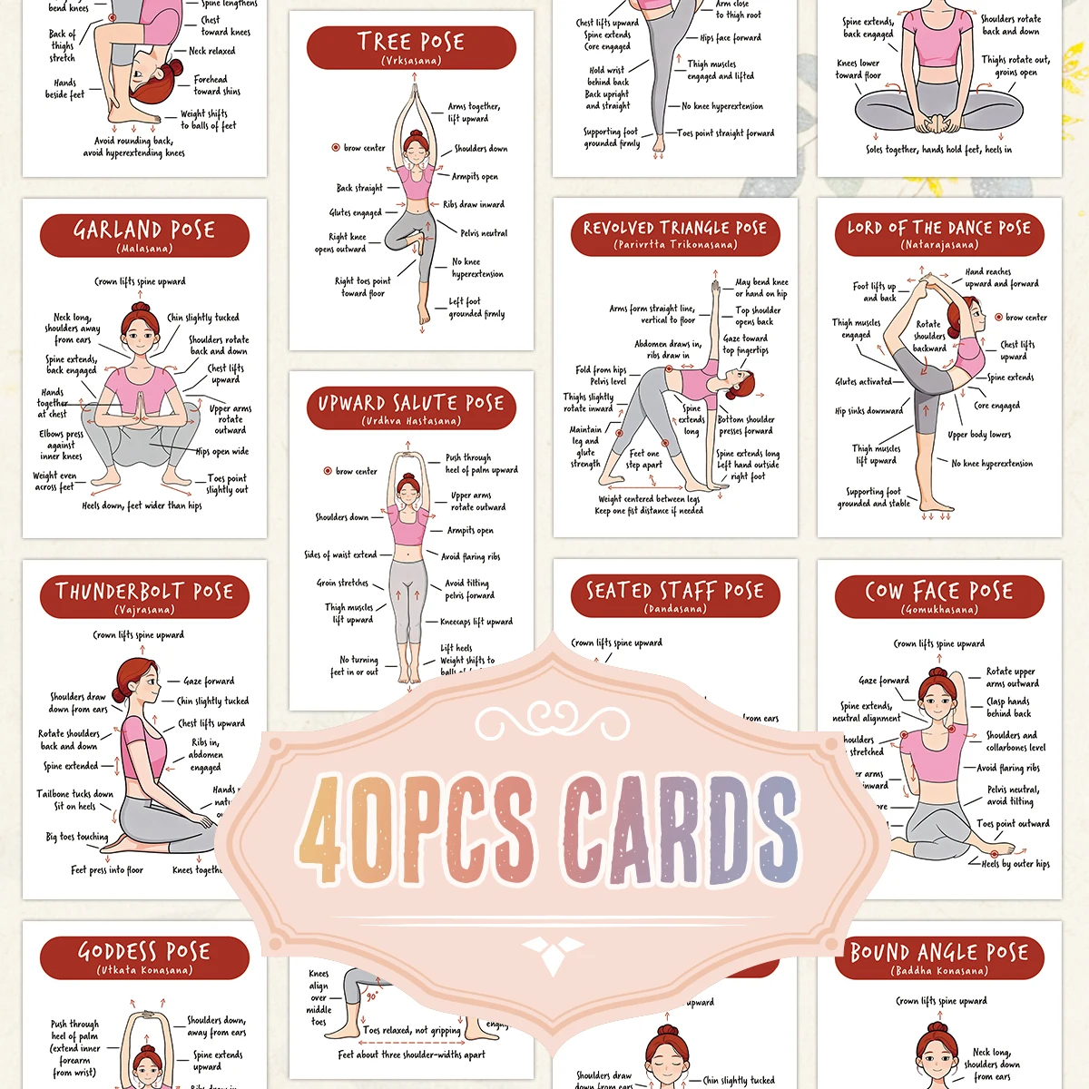 40개 요가 자세 가이드 카드, 요가를 위한 단계별 상세 지침 도구, 요가 스튜디오, 홈 트레이닝, 여성용 선물 카드