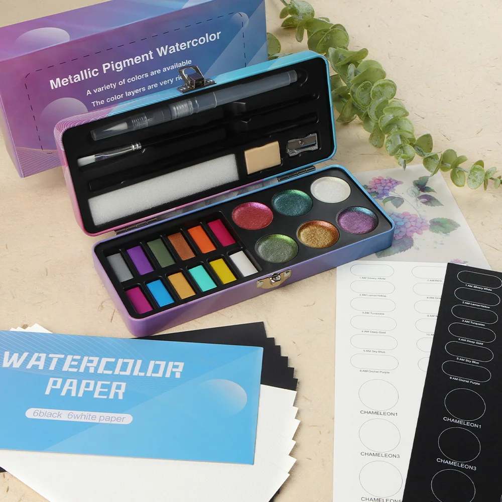 SeamiArt 12가지 메탈릭 색상 및 6가지 카멜레온 수채화 세트(2개 포함). 그림 그리기 용품용 페인트 브러시