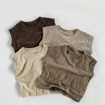 Unisex Korean Style Slub Cotton Tank Tops Breathable Kids Vest Summer Sleeveless Shirt Lightweight Cooling T-Shirts for 2-5Y 1