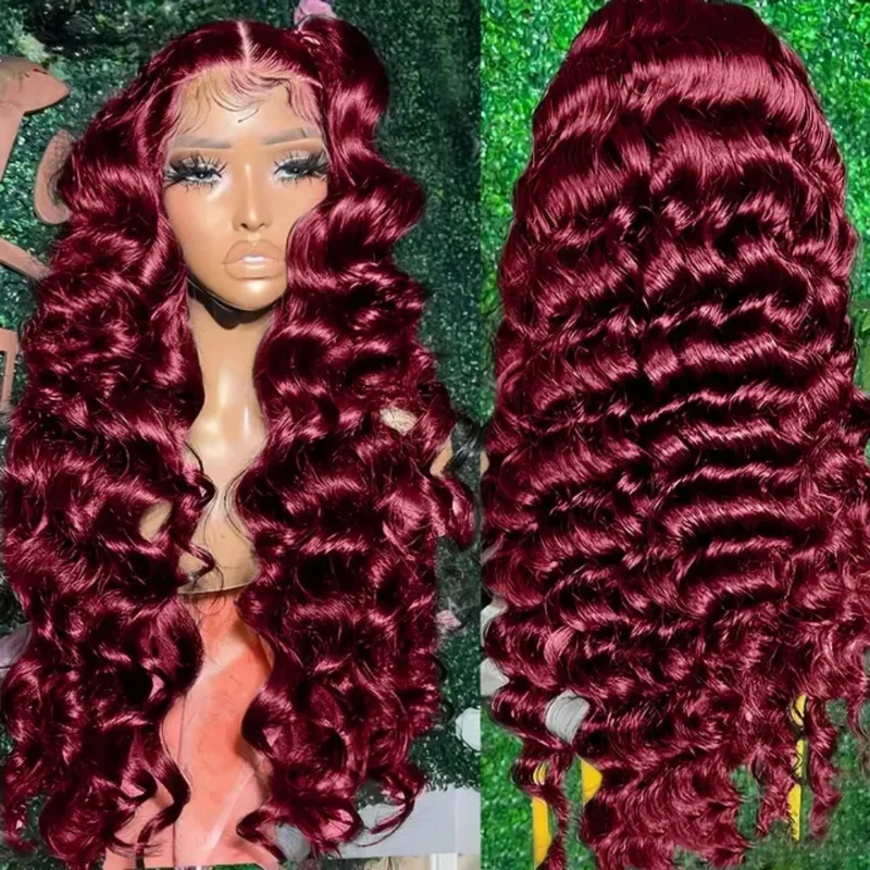 250 Density 13x4 99J Burgundy Lace Front Wig Red Wine 30 Inch Deep Wave Brazilian HD Glueless Lace Frontal Human Hair Wigs