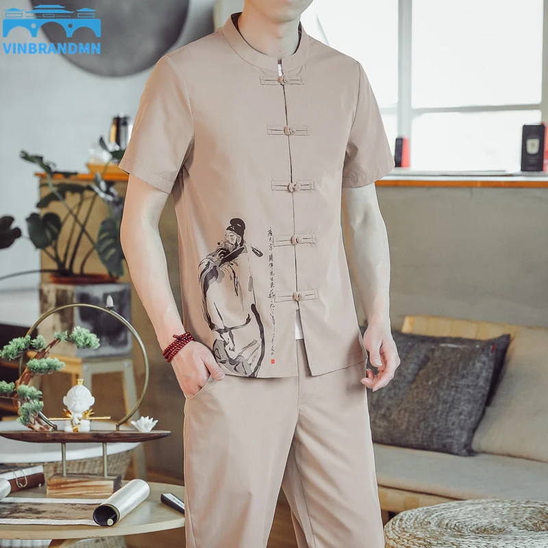 

(Shirt + Trousers) 2022 Summer Men Shirt Printing Man Cotton Shirts Short Sleeve Men's Casual Shirts Elastic Waist Size M To 5XL