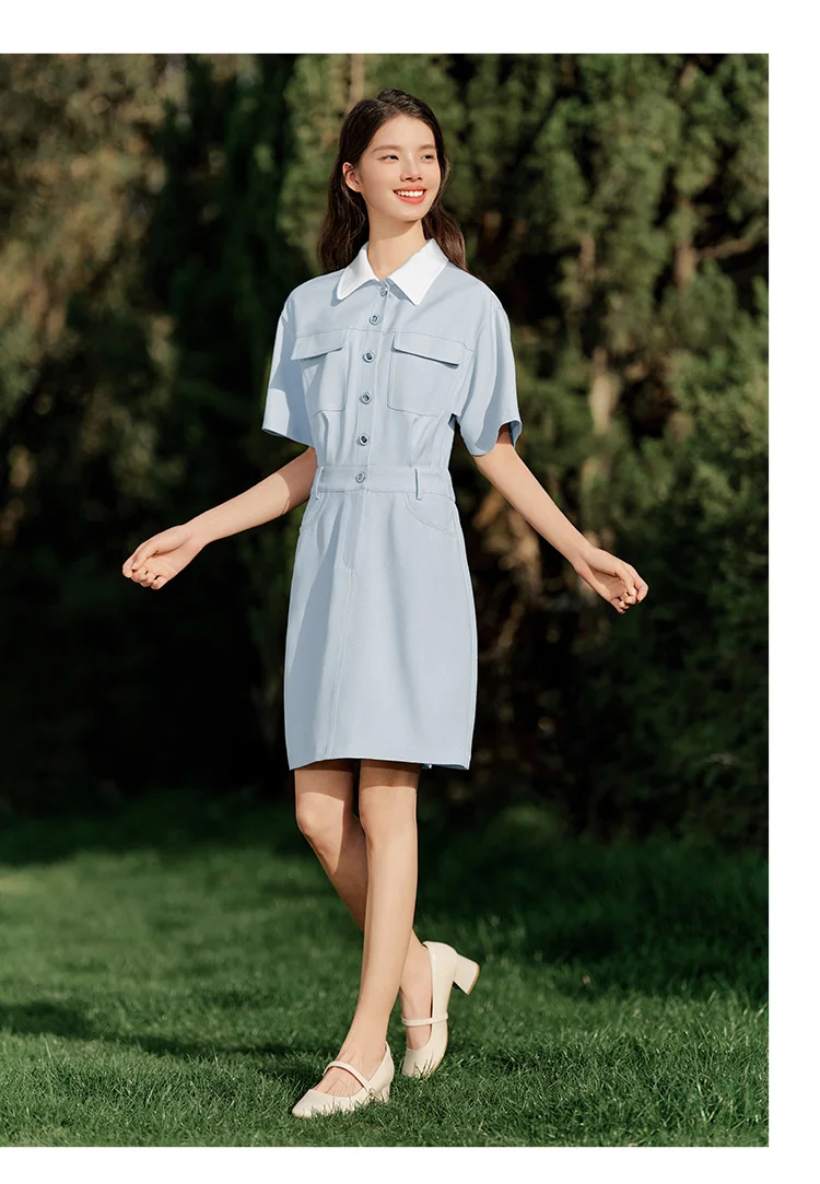 Dress Women Turn-Down Collar Stylish And Chic Summer New Simple And Sweet Waist-Cinching Short Skirt
