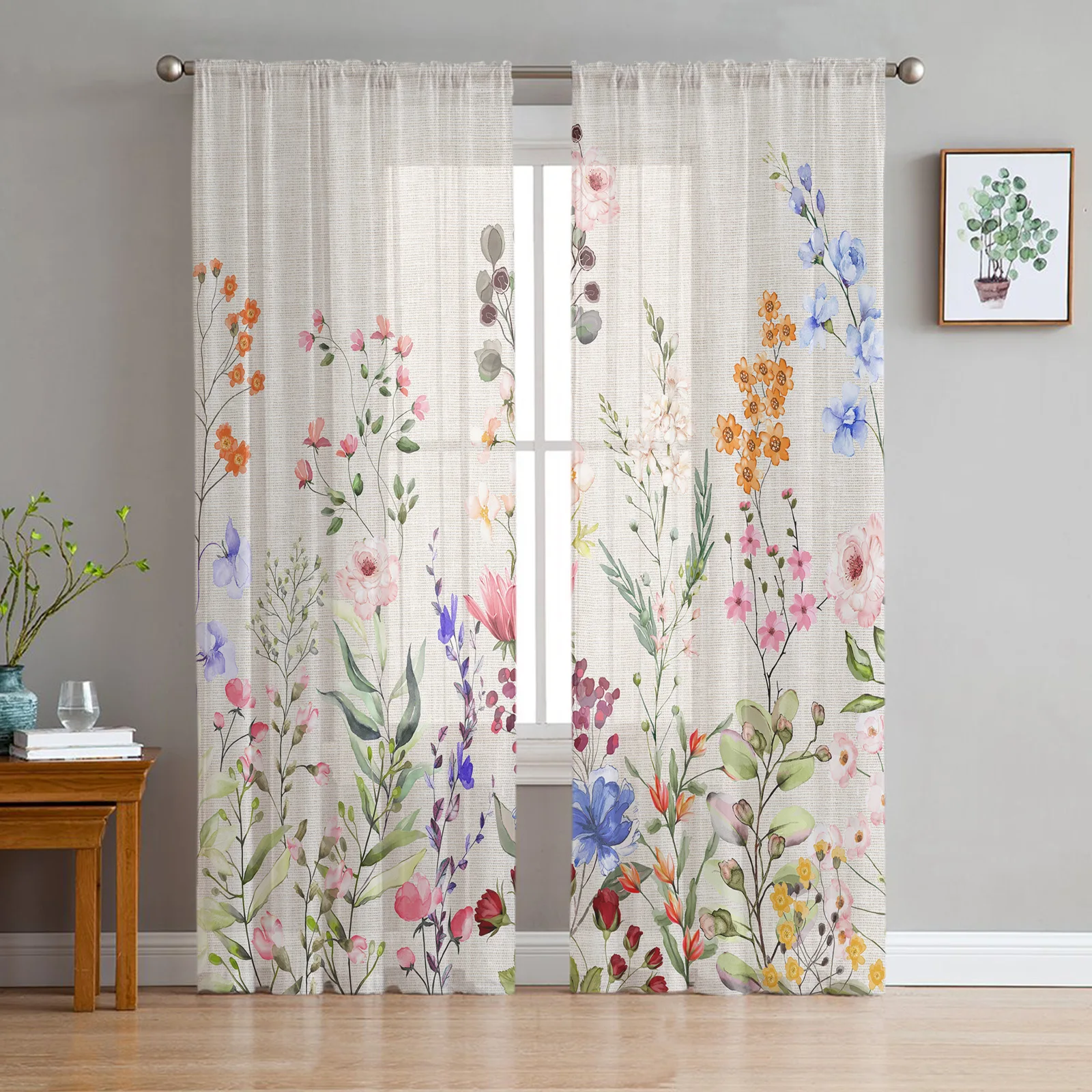 

Watercolor Floral Vintage Sheer Curtains for Living Room Bedroom Tulle Curtain for Kitchen Voile Curtain Blind Panels