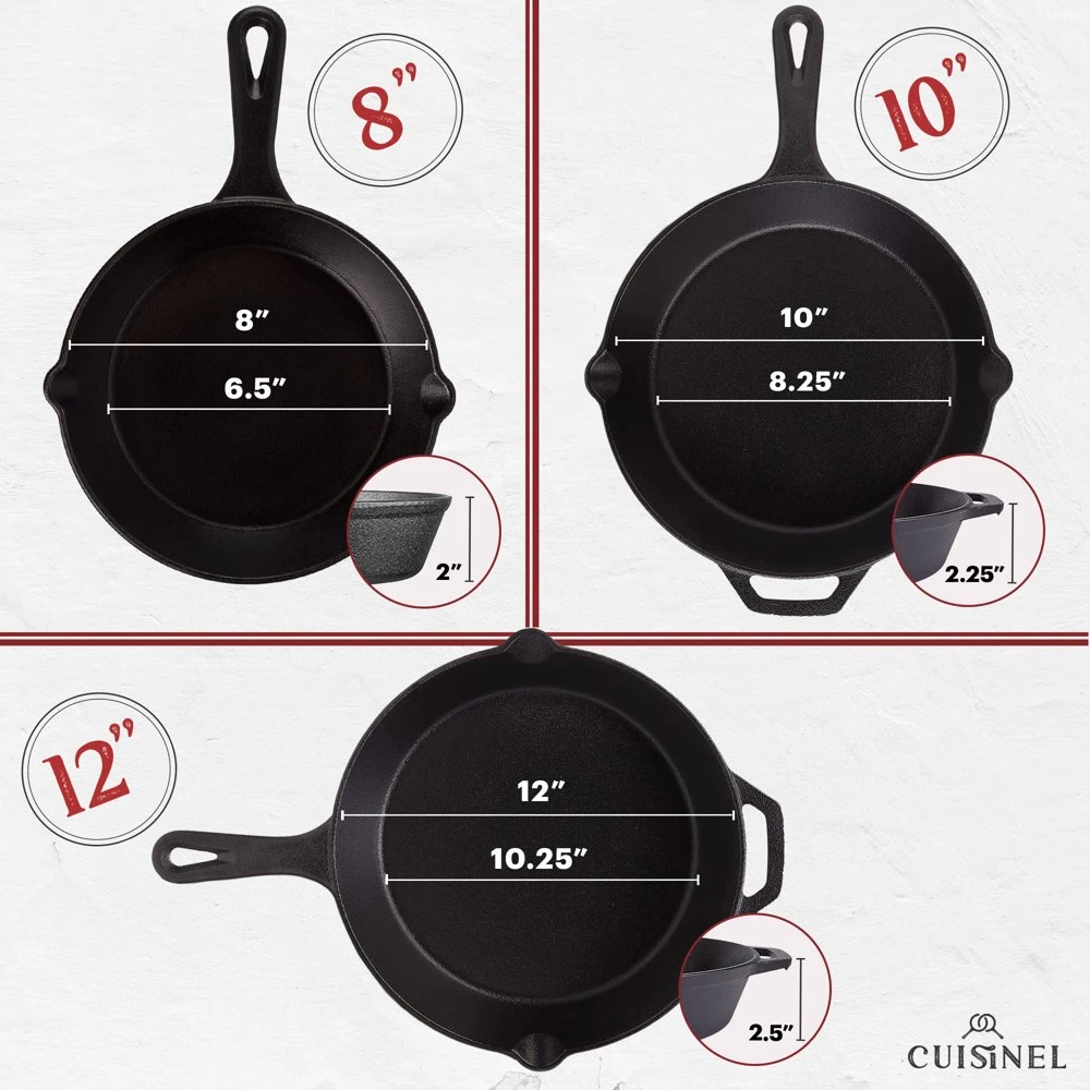 Cuisinel Cast Iron Skillet Set 8 10 12 Frying Pans, Glass Lids