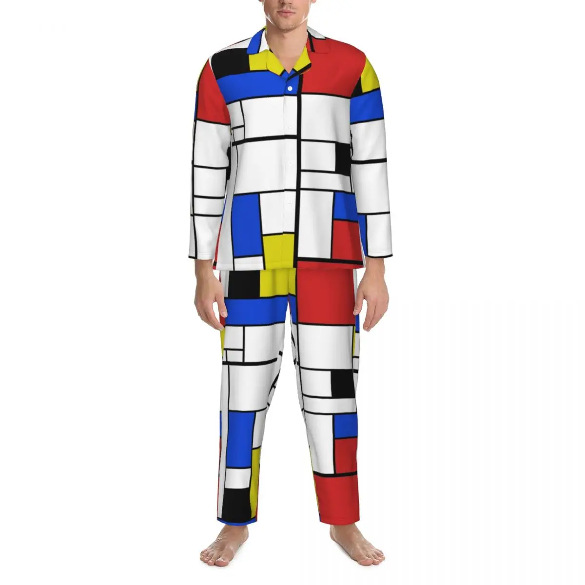 Men Pyjamas Mondrian Line Pajama Sets Colorful Plaid Soft Sleepwear Men Long Sleeve Vintage Bedroom Two Piece Home Suit Big Size XL 2XL