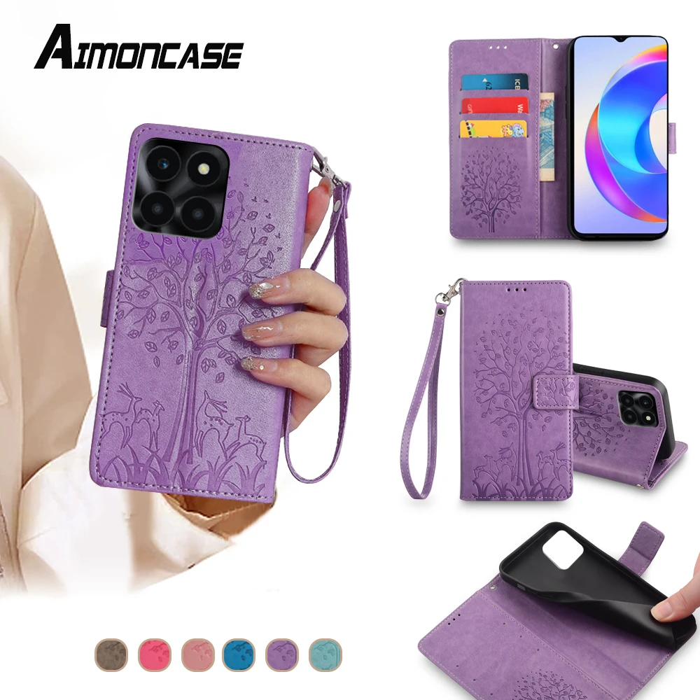 Leather Wallet Phone Case with Card Slots and Magnetic Closure - Tree Design